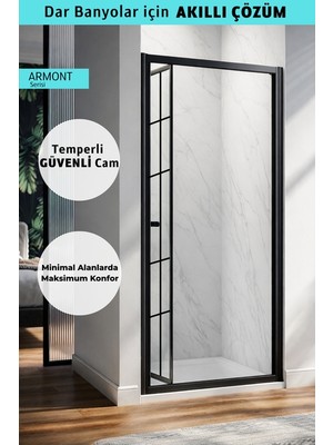 Monaqua Armont Duşakabin Ön Cephe Katlanır Akordiyon Kapı Siyah Alüminyum Profil Karolaj Çizgili Temperli Cam