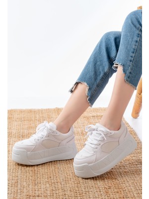 Zerenyus ZRİN-190 Premium Beyaz Bağcıklı Fileli Yüksek Taban Günlük Sneaker