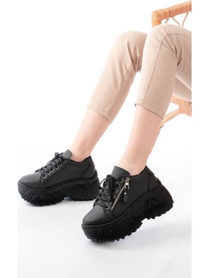Zerenyus ZRİN-156 Premium Siyah Bağcıklı Fermuarlı Yüksek Taban Kadın Sneaker 8 cm