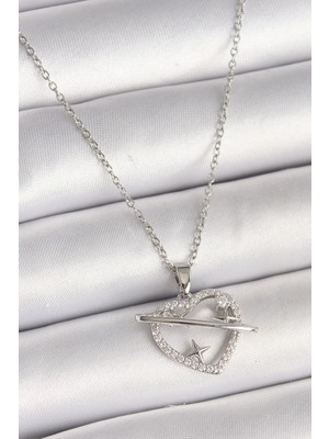 Rivera Tech Rvrstr4 316L Çelik Gümüş Renk Zincir Zirkon Taşlı Kalp Model Yıldız Detay Kadın Kolye - Tj-