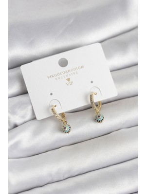 Rivera Tech Rvrstr4 Minimal Nazarlı Model Gold Renk Zirkon Taşlı Kadın Küpe - TJ-BKP11642