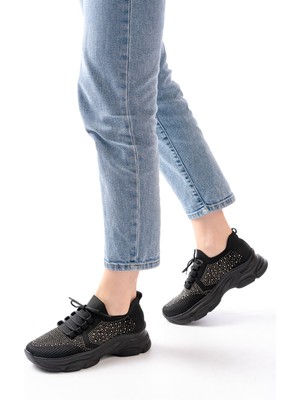 Zerenyus ZRİN-3002 Premium Siyah Bağcıklı Fileli Taş Aksesuarlı Günlük Sneaker