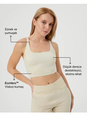 Ayma Active Krem EcoVero Viskoz, Yüzücü Askılı Kare Yaka Basic Crop Yoga Pilates Spor Sütyeni