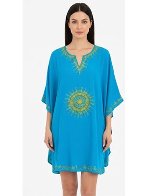 Deriderim Turkuaz Şile Bezi Yarasa Kollu Işlemeli Kısa Yazlık Astarsız Plaj Pamuklu Kaftan Elbise