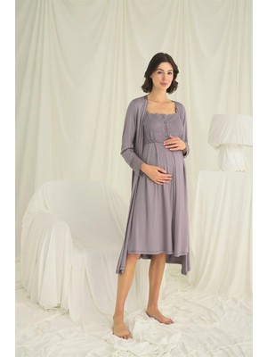 Esranın Dünyası  Dantelli Önü Düğmeli Hamile Lohusa Sabahlık Takımı