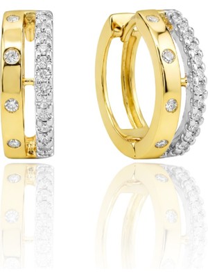 Söğütlü Silver 925 Ayar Gümüş Küpe Altın Kaplama Çift Sıra, Iki Renk, Zirkon Taşlı Halka Küpe Modern Tasarım SGTL13266GOLD