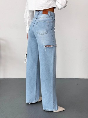 Zeo Basic Kadın Açık Mavi Baggy Jean Yüksek Bel Kot Pantolon Denim Kumaş Yanlardan Lazerli