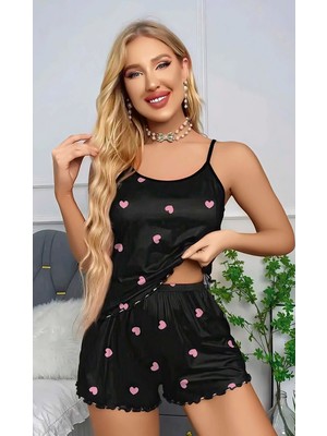 Esranın Dünyası Kadın Siyah Kalp Desenli Askılı Şortlu Gecelik Takım 5018