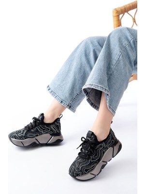Zerenyus ZRİNRS-402 Premium Siyah Bağcıklı Fileli Taşlı Platin Taban Kadın Sneaker
