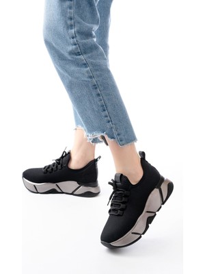 Zerenyus ZRİN-400 Premium Siyah Bağcıklı Triko Kalın Taban Kadın Sneaker 5 cm
