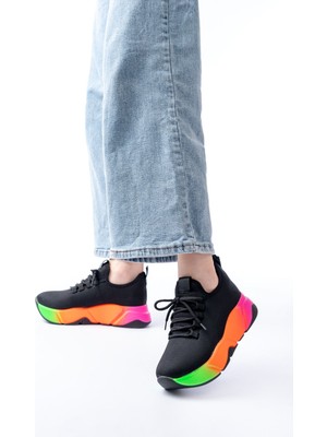 Zerenyus ZRİN-400 Premium Siyah Renkli Bağcıklı Triko Kalın Taban Kadın Sneaker 5 cm
