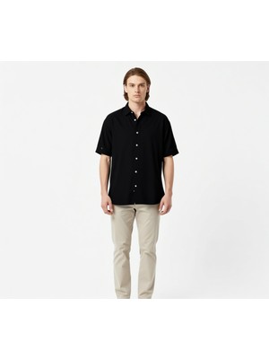 Tudors Oversize Siyah Keten Dokulu Kısa Kollu Erkek Gömlek Rahat Kesim Günlük Stil L Beden