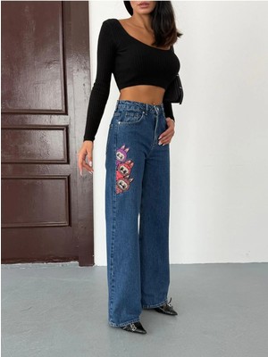 Zeo Basic Kadın Nakış Detaylı Wide-Leg Jean Kot Pantolon