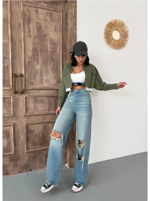 Zeo Basic Kadın Wide-Leg Lazerli Yüksek Bel Geniş Paça Kot Pantolon Mavi Tint