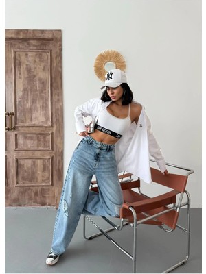 Zeo Basic Kadın Skater Fit Yırtık Detaylı Yüksek Bel Kot Pantolon Buz Mavi