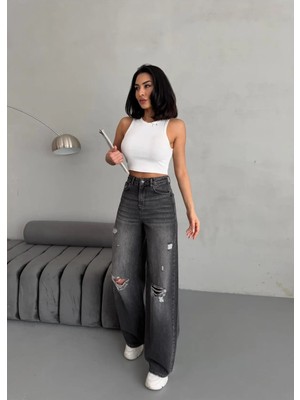 Zeo Basic Kadın Baggy Fit Lazerli Yüksek Bel Geniş Paça Kot Pantolon Füme