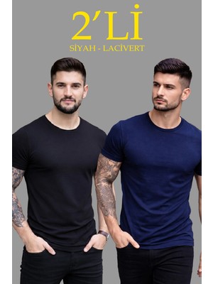 İlk El Grup Ieg™ Erkek 2'li Bisiklet Yaka Tişört – Kısa Kollu Yazlık Slim Fit Body - Siyah  Lacivert