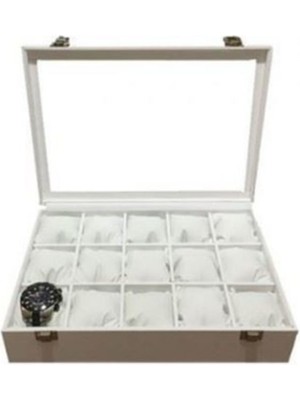 Beyaz Ahşap ve Deri Kaplamalı 15'li Saat Saklama Kutusu