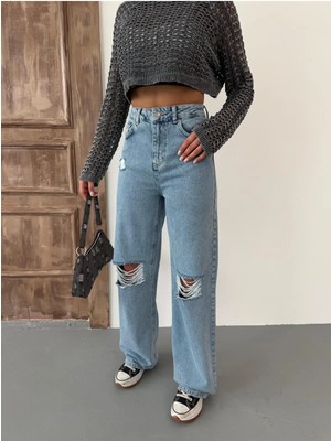 Zeo Basic Kadın Wide-Leg Lazerli Yüksek Bel Geniş Paça Kot Pantolon Buz Mavi