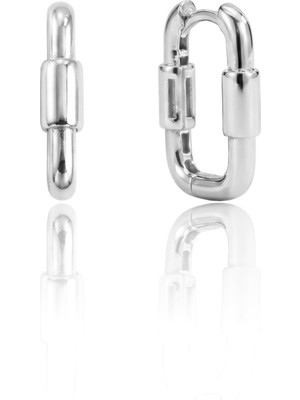 Söğütlü Silver 925 Ayar Gümüş Küpe Beyaz Altın Rodyum Kaplama Geometrik Karabina Dikdörtgen Halka Küpe - Ataç Model SGTL13274RODAJ
