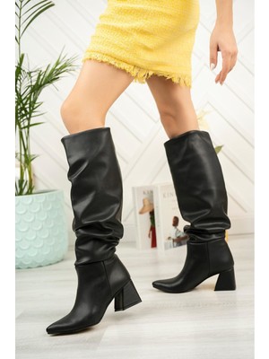 Ellolita Luxury Shoes SYT-2002 Siyah Körüklü Kalın Topuklu Günlük Bayan Çizme