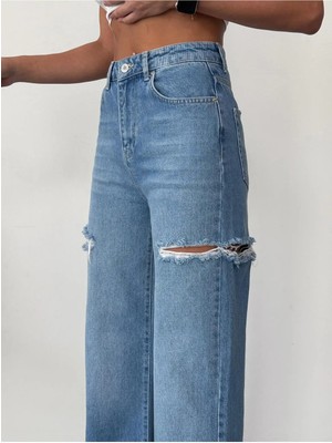 Zeo Basic Kadın Orta Mavi Baggy Jean Yüksek Bel Kot Pantolon Denim Kumaş Yanlardan Lazerli
