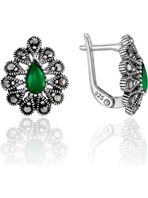 Söğütlü Silver 925 Ayar Gümüş Küpe Yeşil Zümrüt Rengi Damla Taşlı Markazit Küpe SGTL13282YESIL