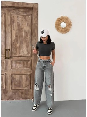 Zeo Basic Kadın Skater Fit Yırtık Detaylı Yüksek Bel Kot Pantolon Gri