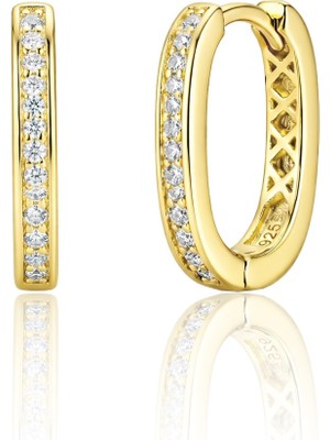 Söğütlü Silver 925 Ayar Gümüş Küpe Altın Kaplama Zirkon Taşlı Oval Halka Küpe -  U Model-Halka Tasarım SGTL13270GOLD