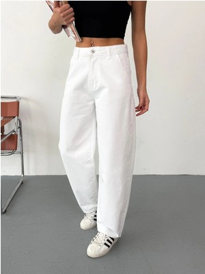 Zeo Basic Kadın Beyaz Denim Kumaş Skater Fit Yüksek Bel Pantolon