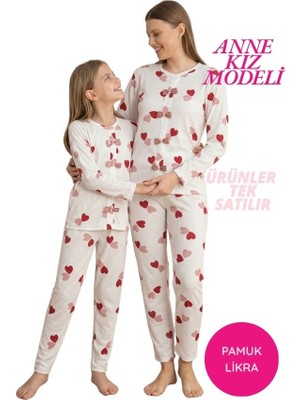 Bie's Çocuk Kırmızı Kalp Desenli Fiyonk Detay Kaşkorse Fitilli Mevsimlik Kumaş Uzun Kol Pijama Takımı-Anne Kız Modeli-Tek Ürün Fiyatı