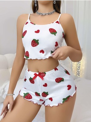 Esranın Dünyası Kadın Beyaz Çilek Desenli Şortlu Pijama Takımı 5053