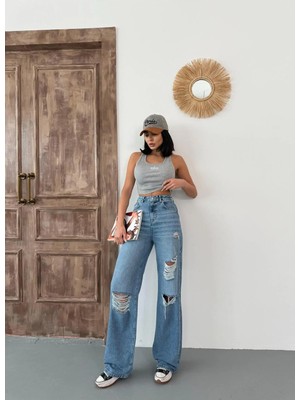 Zeo Basic Kadın Wide-Leg Lazerli Yüksek Bel Geniş Paça Kot Pantolon Orta Mavi