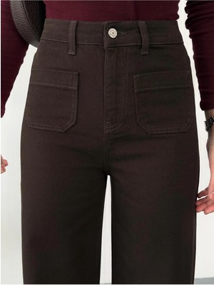 Zeo Basic Kadın Kahverengi Ön Cepli Wide-Leg Jean Yüksek Bel Geniş Paça Kot Pantolon