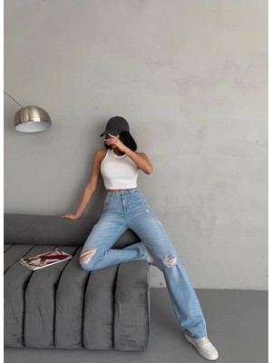 Zeo Basic Kadın Straight Jean Yırtık Detaylı Ara Bel Boru Paça Kot Pantolon Orta Mavi