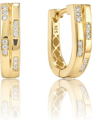 Söğütlü Silver 925 Ayar Gümüş Küpe  Altın Kaplama Asimetrik Taşlı Modern J Tasarım Küpe  SGTL13275GOLD