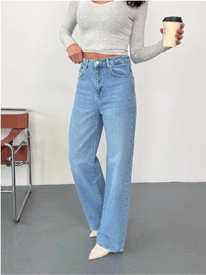Zeo Basic Kadın Mavi Taşlamalı Wide-Leg Jean Yüksek Bel Geniş Paça Kot Pantolon