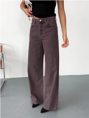 Zeo Basic Kadın Bordo Baggy Jean Yüksek Bel Geniş Paça Kot Pantolon