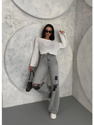 Zeo Basic Kadın Baggy Fit Lazerli Yüksek Bel Geniş Paça Kot Pantolon Gri