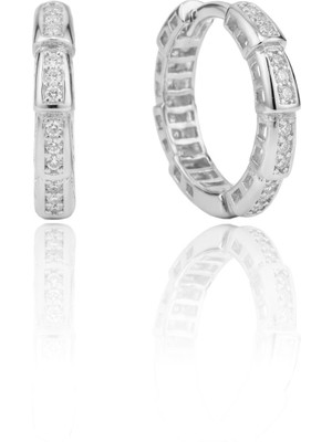 Söğütlü Silver 925 Ayar Gümüş Küpe Üzeri Beyaz Altın Rodyumlu Zirkon Taşlı Segment Modern Halka Küpe SGTL13276RODAJ