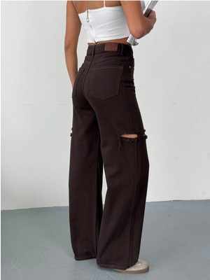 Zeo Basic Kadın Kahverengi Baggy Jean Yüksek Bel Kot Pantolon Denim Kumaş Yanlardan Lazerli