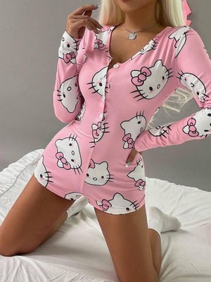 Esranın Dünyası  Pamuklu Pembe Hello Kitty Desenli Düğmeli Uzun Kol Tulum Pijama