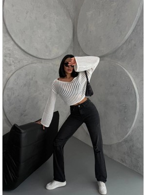 Zeo Basic Kadın Straight Jean Yırtık Detaylı Ara Bel Boru Paça Kot Pantolon Füme