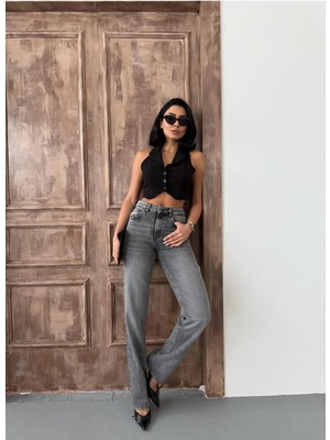 Zeo Basic Kadın Straight Yüksek Bel Boru Paça Kot Pantolon Orta Füme