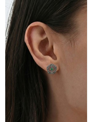 Söğütlü Silver 925 Ayar Gümüş Küpe Yeşil Zümrüt ve Markazit Taşlı Otantik Menekşe Küpe - Vintage Tasarım SGTL13281YESIL