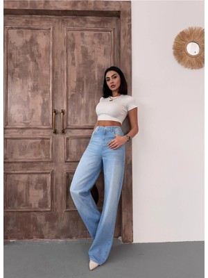 Zeo Basic Kadın Wide-Leg Yüksek Bel Geniş Paça Kot Pantolon Açık Mavi