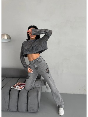 Zeo Basic Kadın Straight Jean Yırtık Detaylı Ara Bel Boru Paça Kot Pantolon Gri