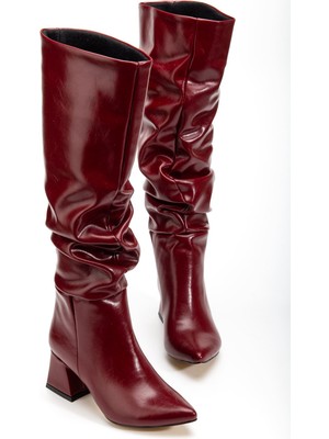 Ellolita Luxury Shoes SYT-2002 Bordo Kırışık Rugan Körüklü Kalın Topuklu Günlük Bayan Çizme