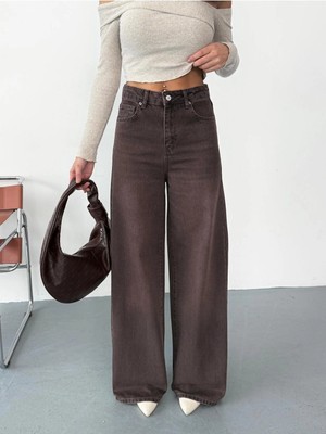 Zeo Basic Kadın Kahverengi Taşlamalı Baggy Jean Yüksek Bel Geniş Paça Kot Pantolon