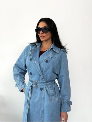 Zeo Basic Kadın Mavi Trençkot Palto Bel Kuşaklı Yan Cepli